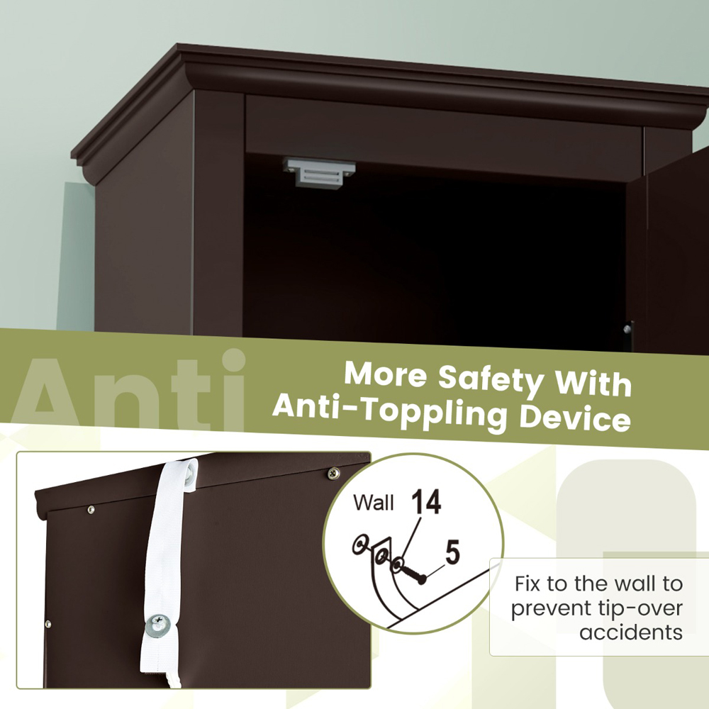 Costway 2 Door Dark Brown Tall Narrow Bathroom Cabinet Image 7