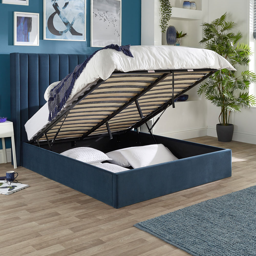 Aspire Helix Double Blue Velvet Ottoman Bed Image 5