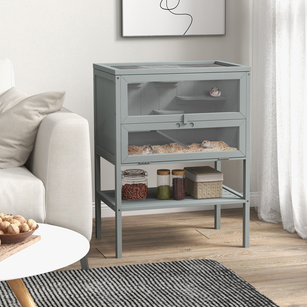 PawHut Grey Wooden Hamster Cage with Storage Shelf Image 2