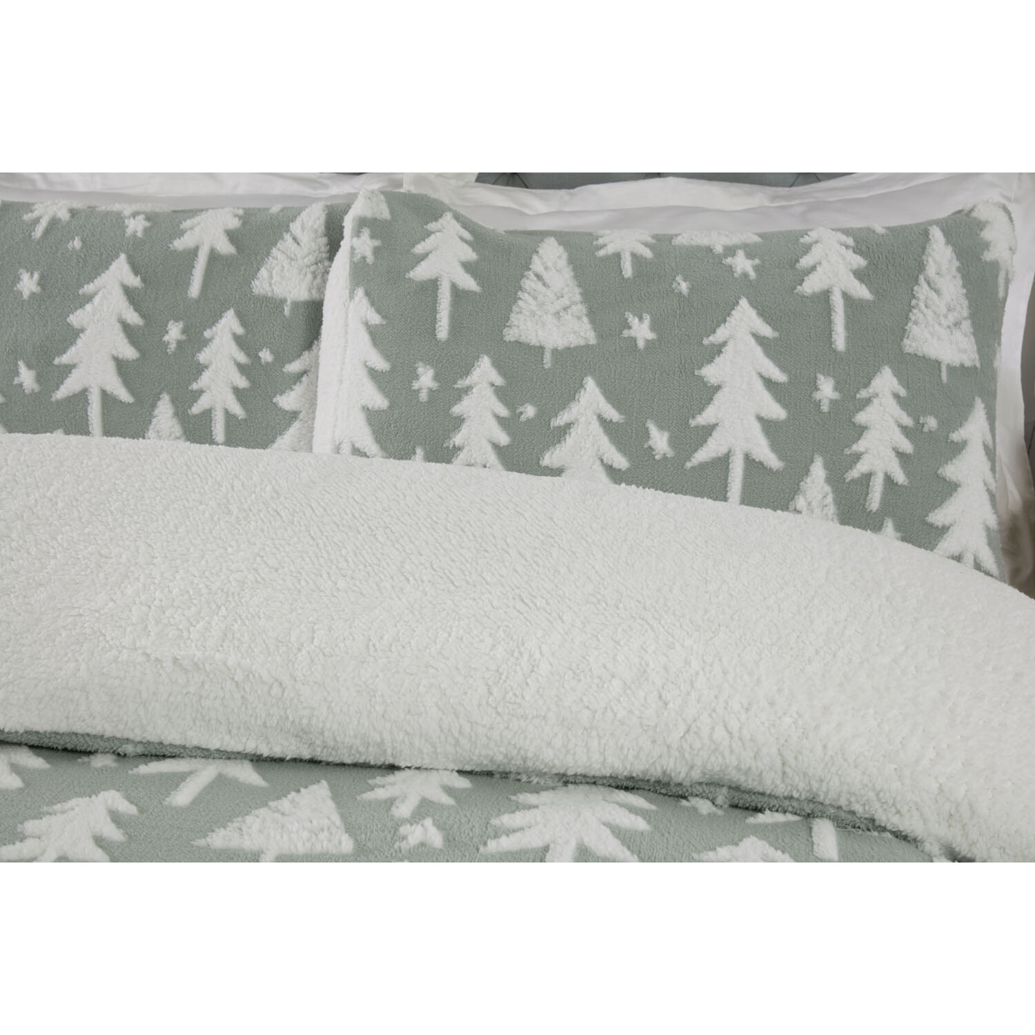 Christmas Tree Fleece Duvet Cover and Pillowcase Set - Sage / Single Image 3