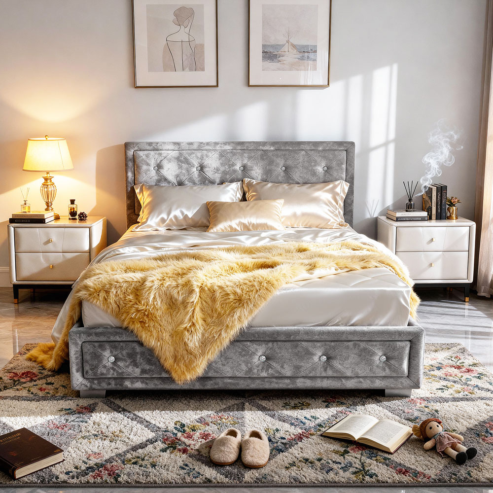 Brooklyn Double Silver Fabric Diamante Ottoman Bed Frame Image 4