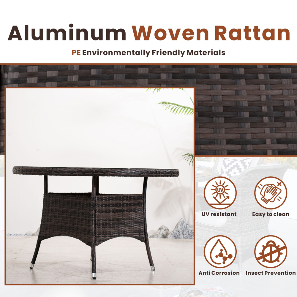 Direct Wicker 4 Seater Rattan Glass Top Round Outdoor Dining Table Brown Image 5