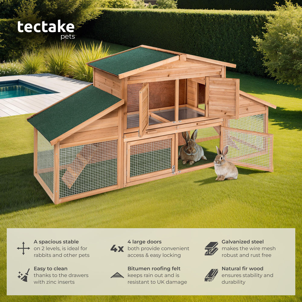 tectake Wooden Rabbit Hutch 226 x 77 x 95.5cm Image 6