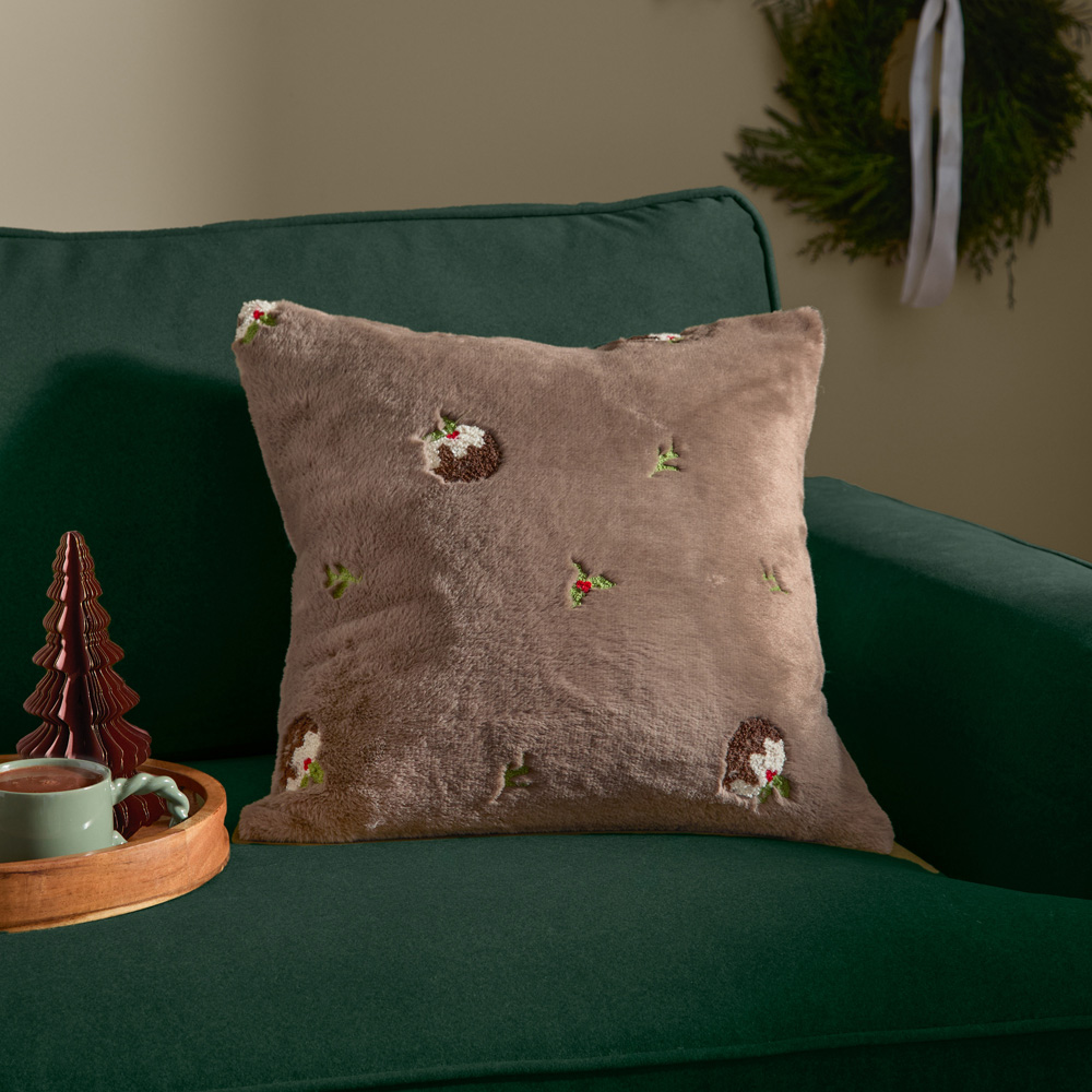 Furn Festive Puddings Mocha Faux Fur Reversible Cushion 45 x 45cm Image 2