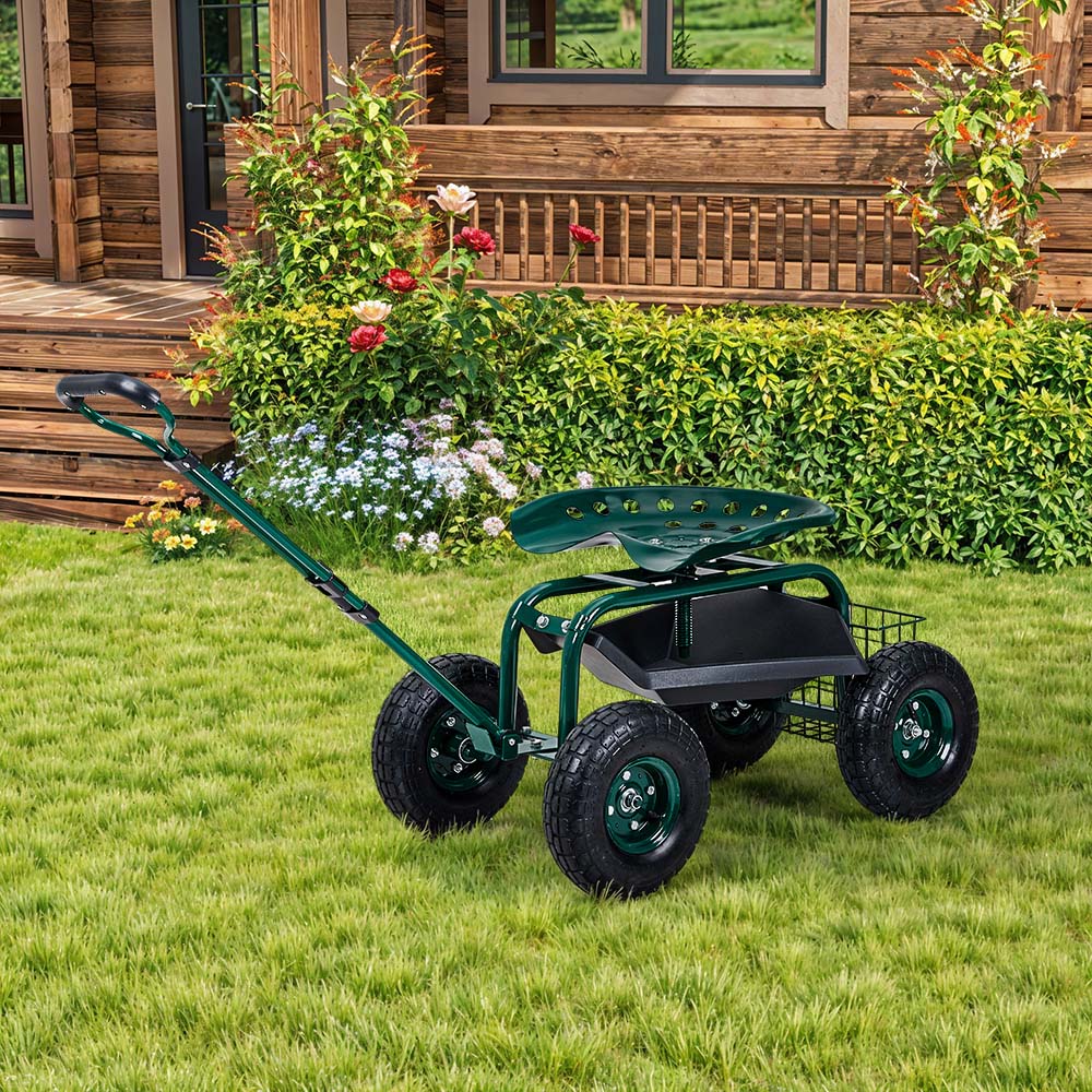 Living and Home Green Adjustable Rolling Garden Cart with Seat and Basket Image 2