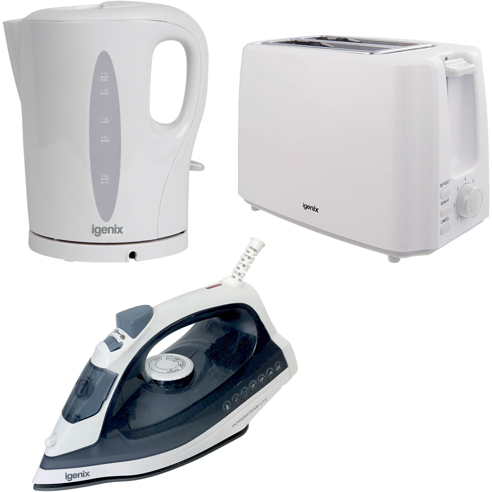 Igenix IGPK29 White Steam Iron 2 Slice Toaster and 1.7L Kettle Set Image 1