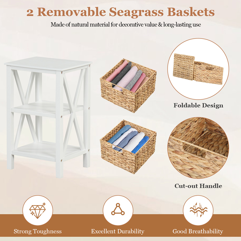 Costway 2 Shelf White Side Table with Seagrass Baskets Image 8