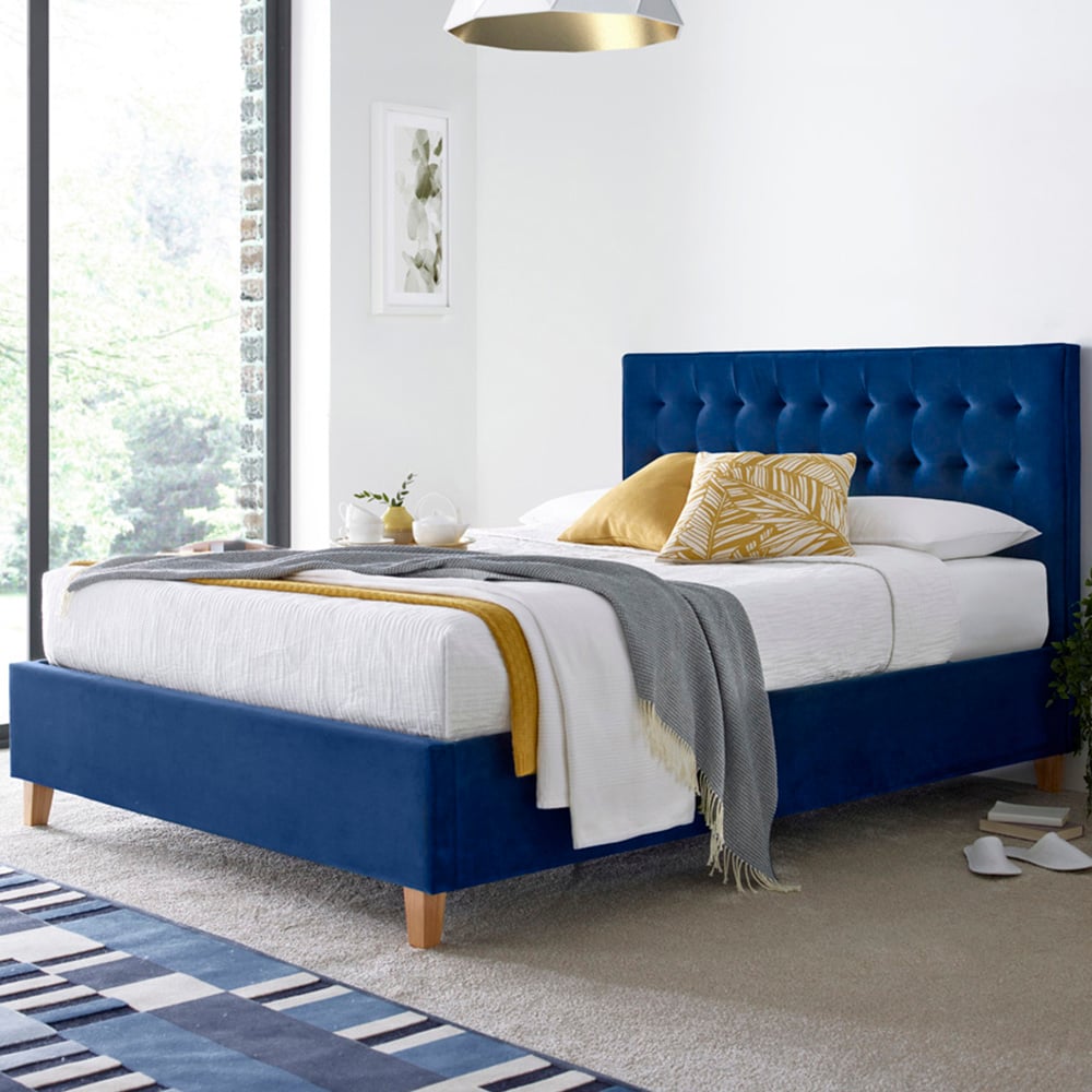 Kingham Double Blue Velvet Ottoman Bed Image 1