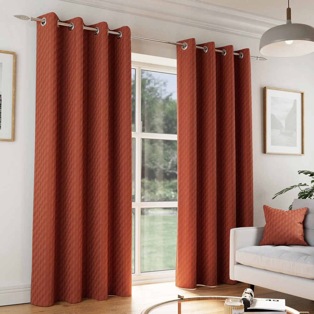 Enhanced Living Tokyo Orange Velvet Embossed Thermal Darkening Eyelet Curtains 229 x 183cm Image 1