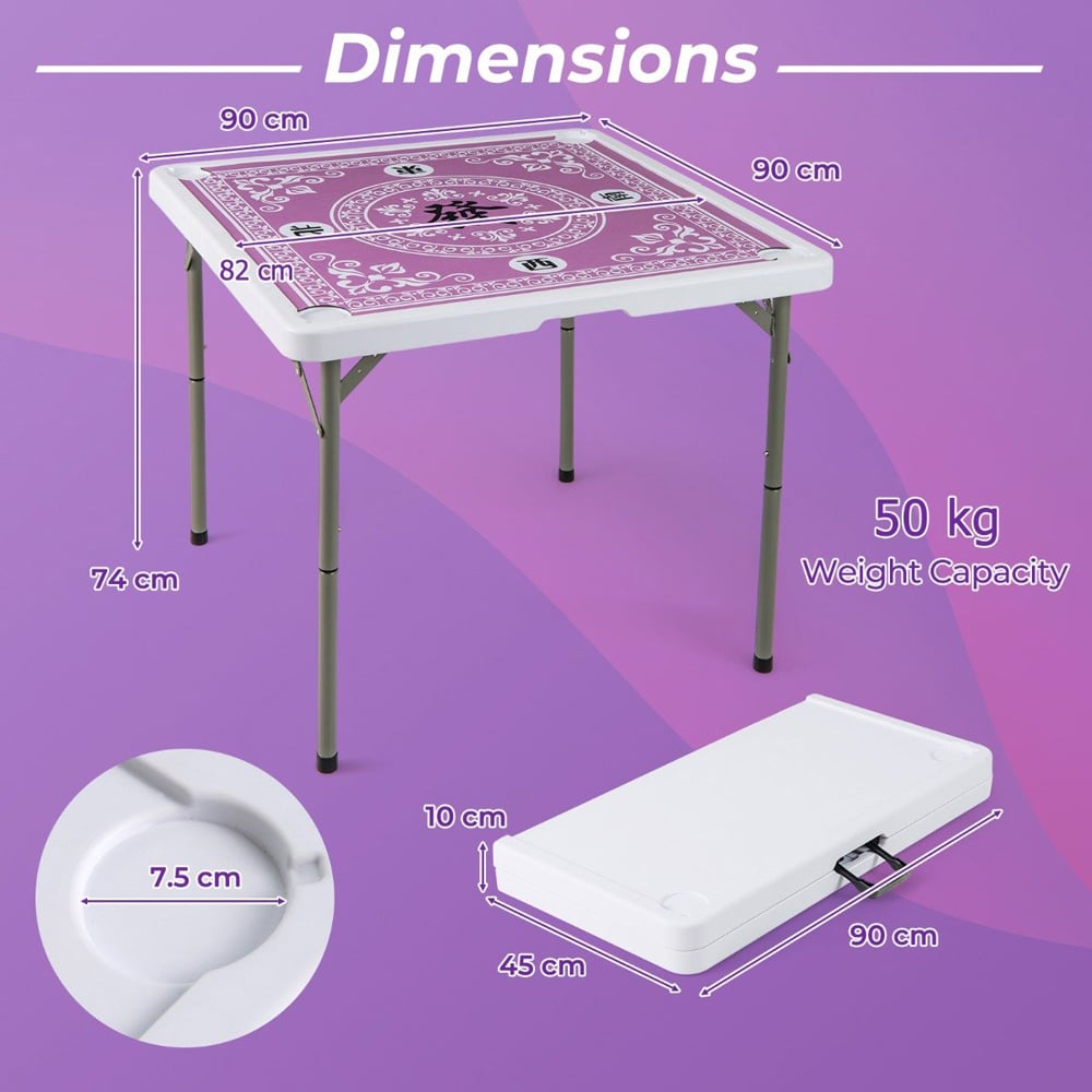 Costway Pink Folding Mahjong Table with Removable Game Mat and Cup Holder Image 7