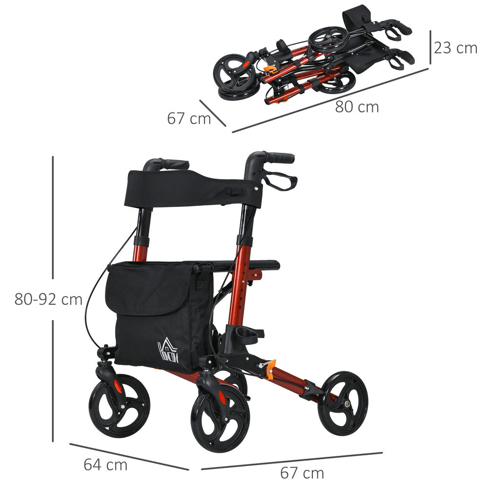 HOMCOM Red 4-Wheel Foldable Rollator Walker with Seat and Storage Bag Image 9