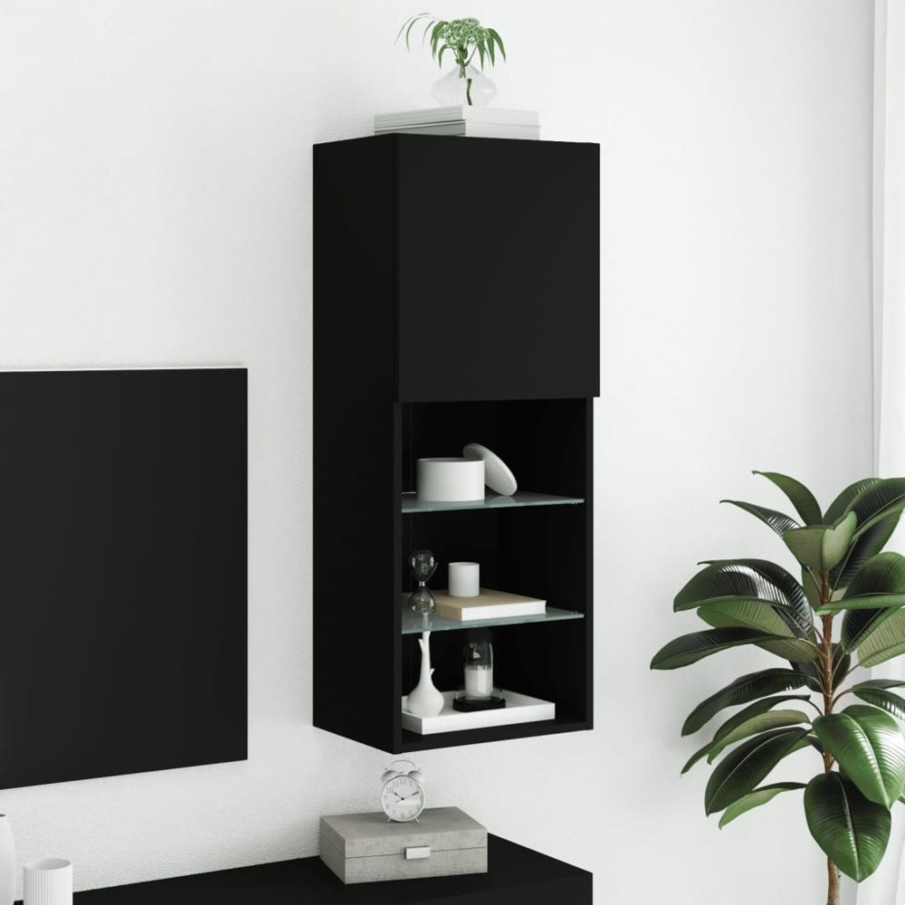 vidaXL Single Door 3 Shelf Black Slim LED TV Cabinet Image 8