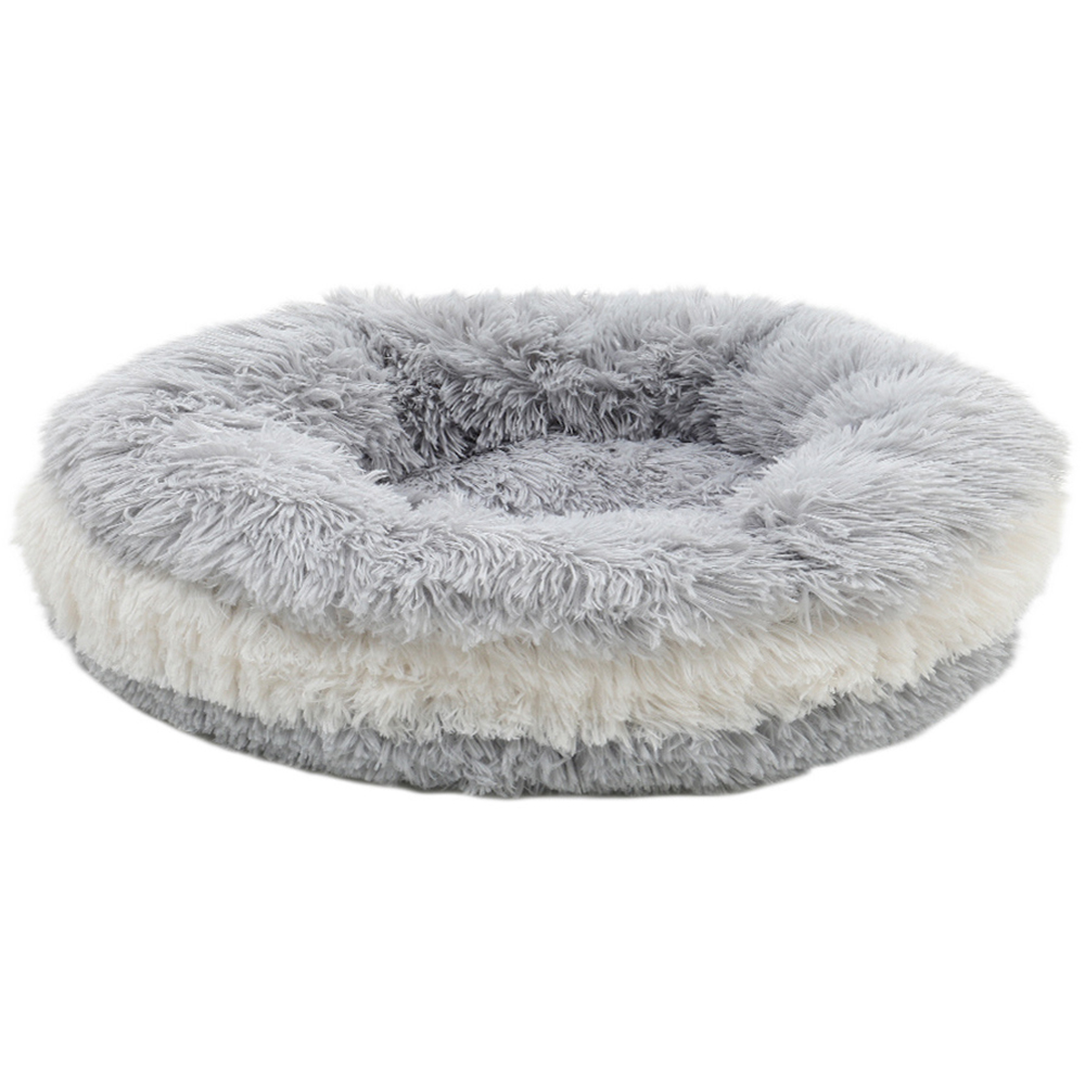 H&O Direct Light Grey and White Plush Donut Shaped Pet Bed Image 1