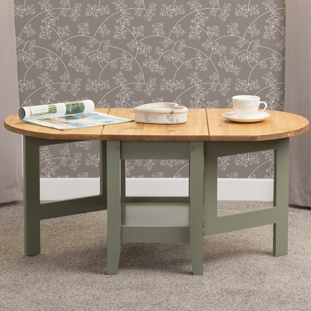 Seconique Santos Single Shelf Drop Leaf Green Distressed Waxed Pine Coffee Table Image 1