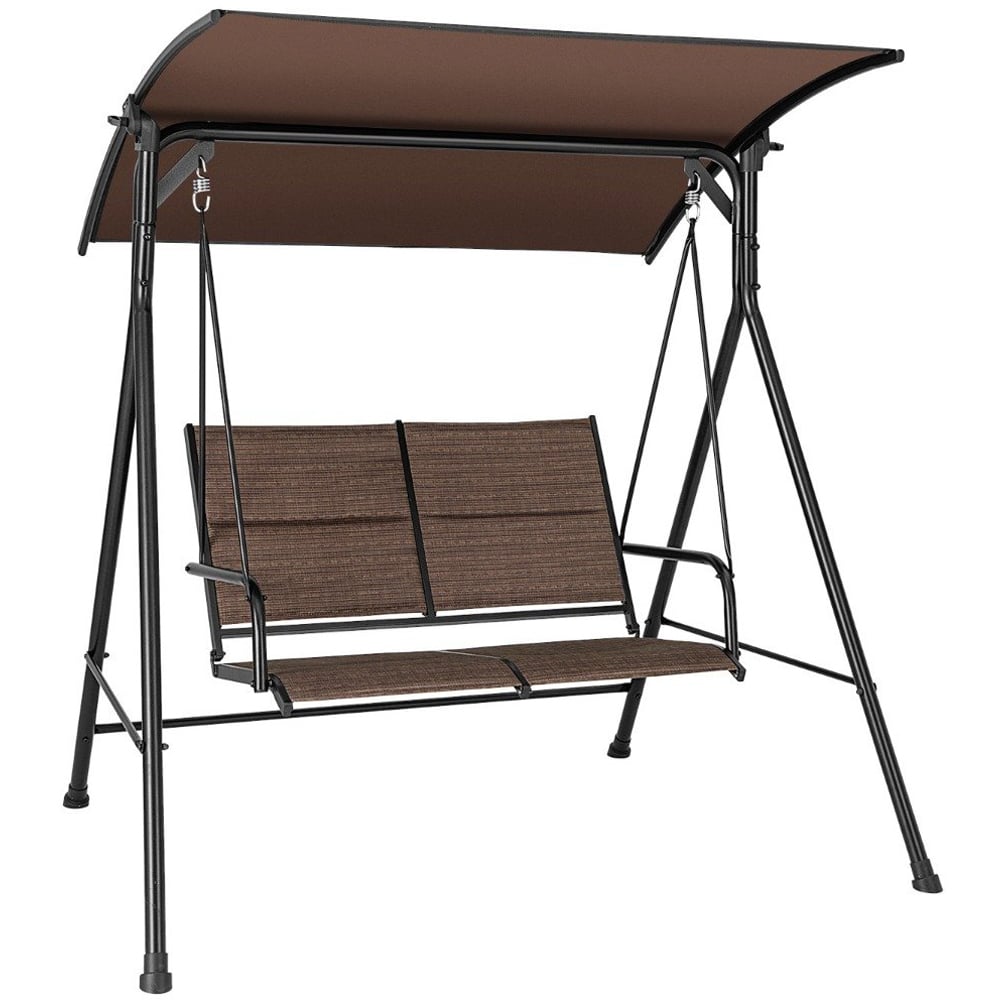 Costway 2 Seater Brown Porch Swing with Spring Hook Image 2