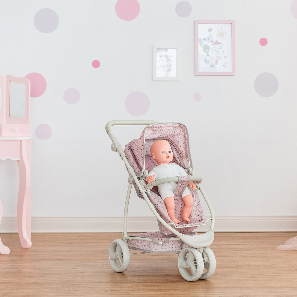 Teamson Kids Olivia's Little World 2 in 1 Pink and Grey Polka Dots Princess Baby Doll Stroller Image 6