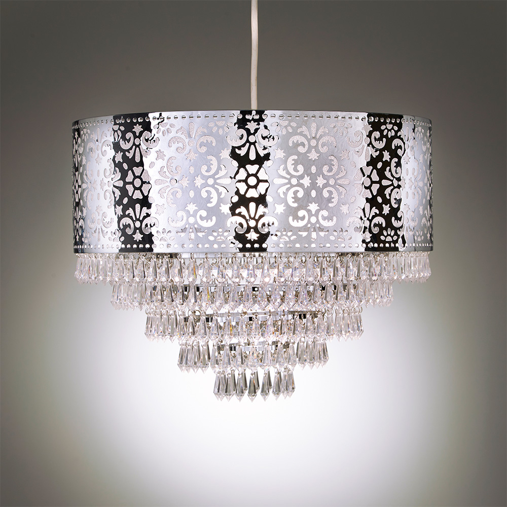 Kliving Chrome Cutout Drum Shade Acrylic Clear Beaded Tiered Chandelier Pendant Light Image 4