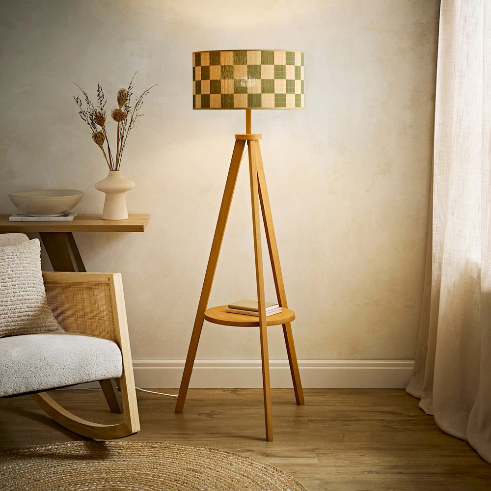 ValueLights Morrigan Mid Wood Tripod Floor Lamp with Green Check Bamboo Shade and Bulb Image 5