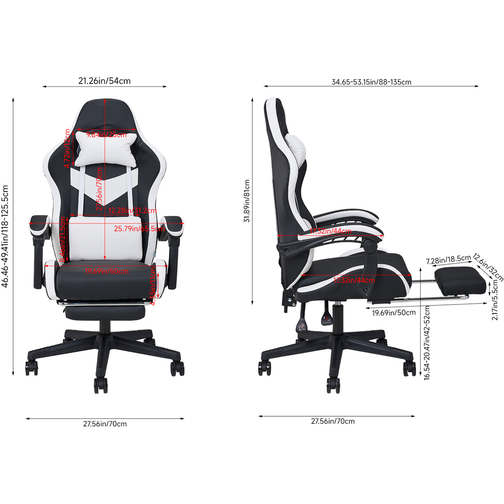 Living and Home White and Black Fabric Gaming Chair with Footrest Image 9