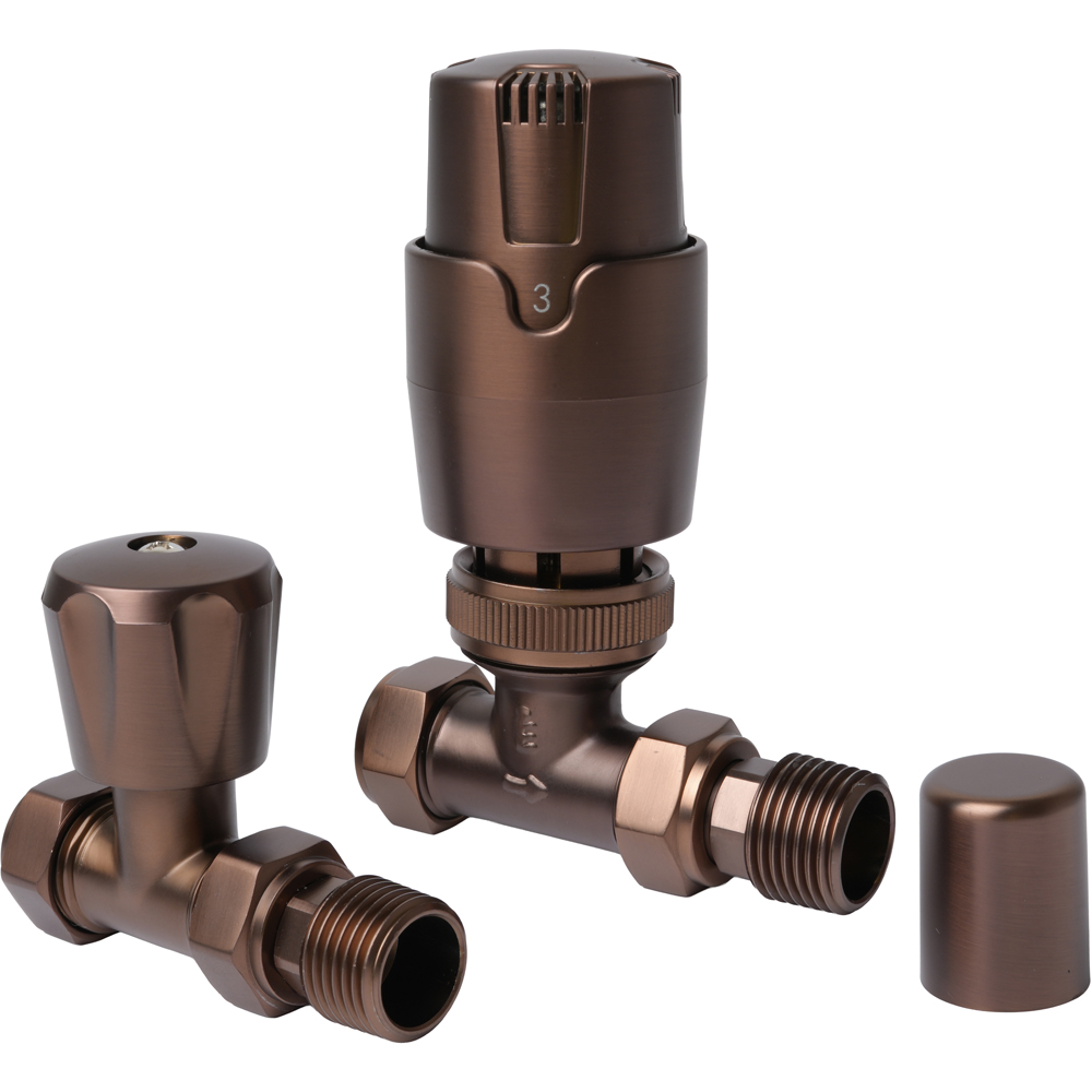 Go Bathrooms Bronze Straight Thermostatic Radiator Valves Set 15mm Image 1