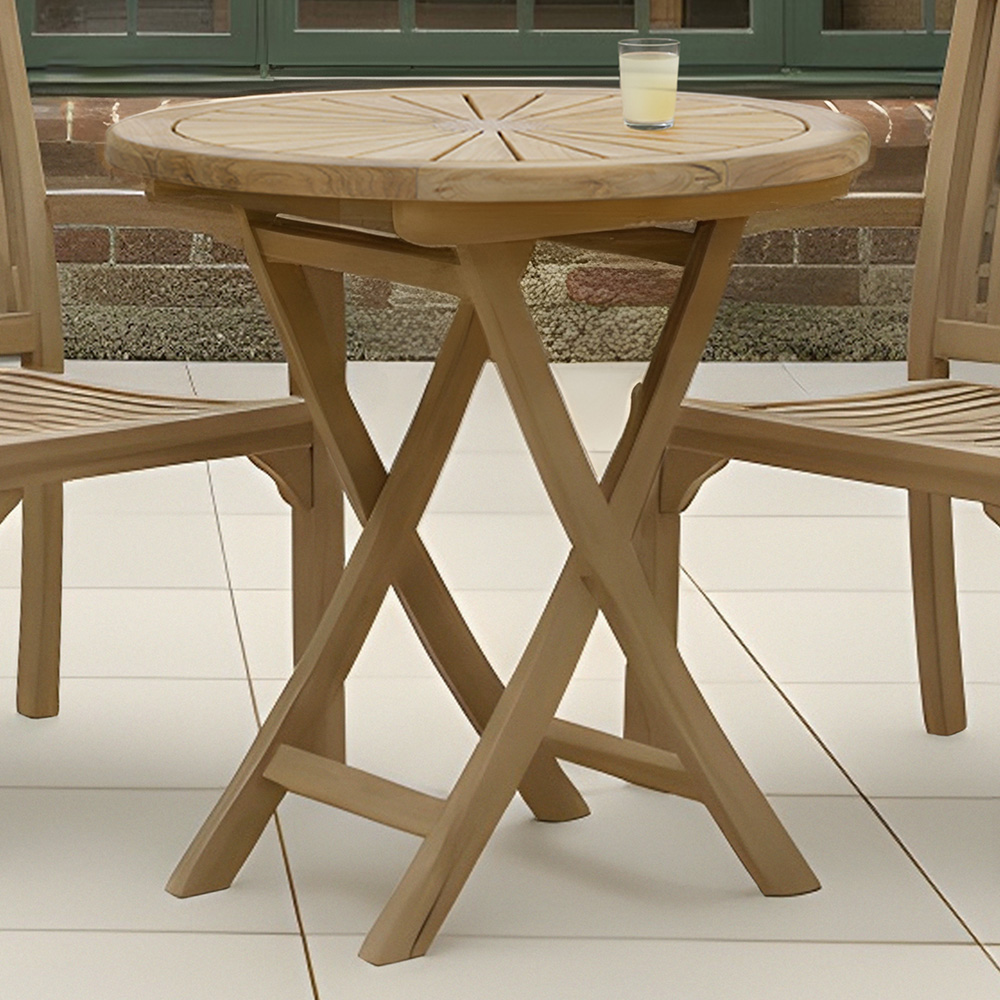 Charles Bentley Teak Wood Foldable Round Slatted Sundial Top Garden Bistro Table Image 1