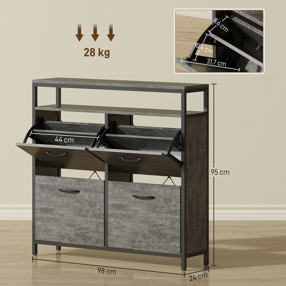 HOMCOM 4 Flip Down Drawer Single Shelf Cement Grey Shoe Cabinet Image 9