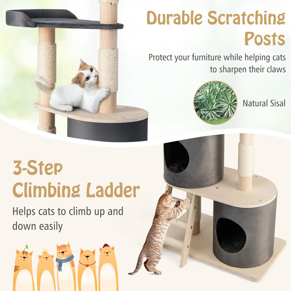 Costway Grey Cat Tree Tower with Cat Condo Image 8