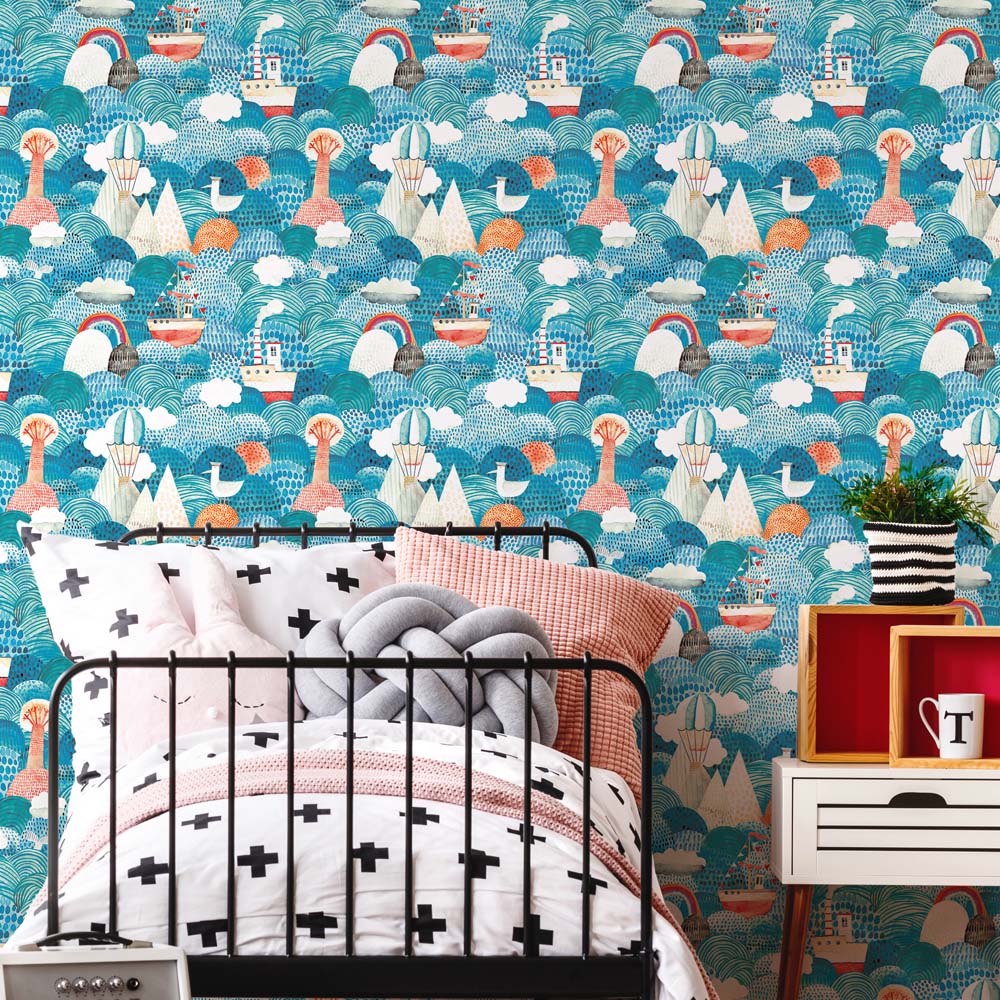 Hoopla Walls Peekaboo Ships Ahoy! Aqua & Coral Wallpaper Image 2