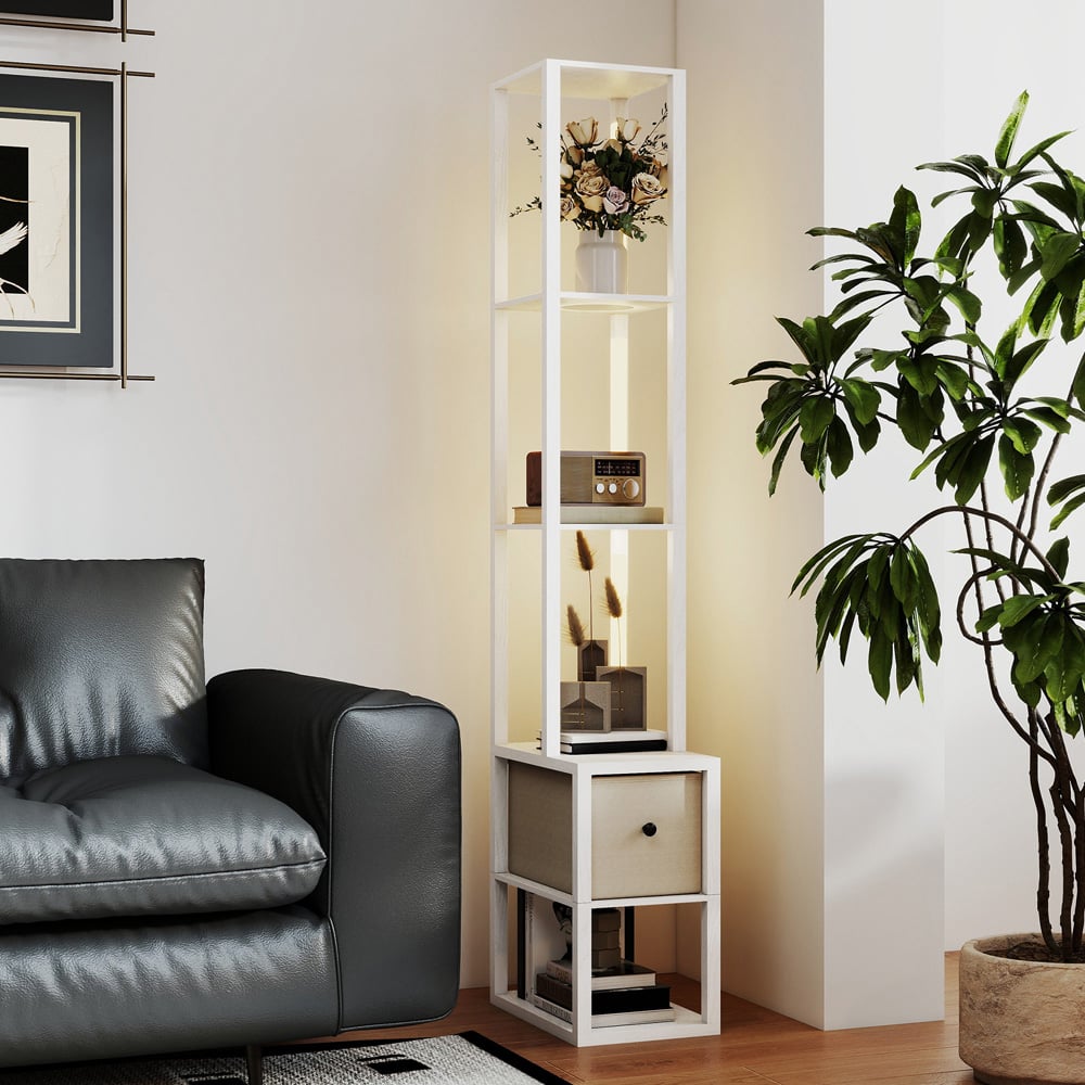 HOMCOM Single Drawer 4 Shelf White LED Floor Lamp Image 4