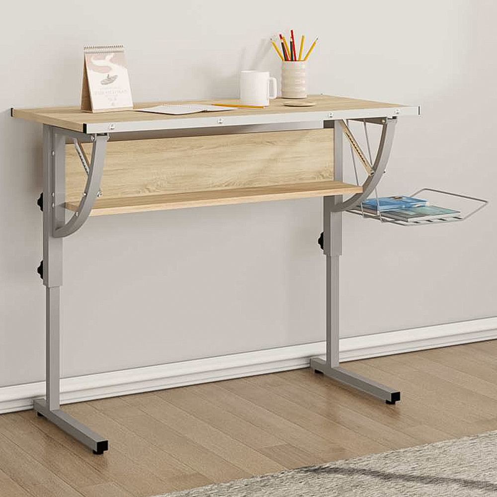 vidaXL Single Shelf Craft Desk with Magazine Rack Oak and Grey Image 1