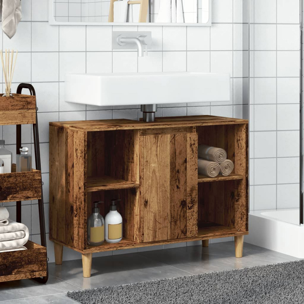 vidaXL Single Door 4 Open Shelf Old Wood Bathroom Sink Cabinet Image 8