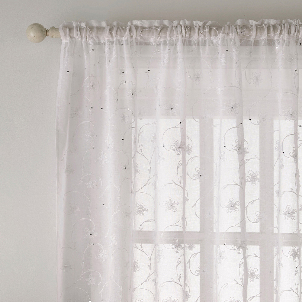 Tyrone Textiles Belle White Floral Embroidery Sequins Rod Pocket Voile Panel Curtains 140 x 122cm Image 2