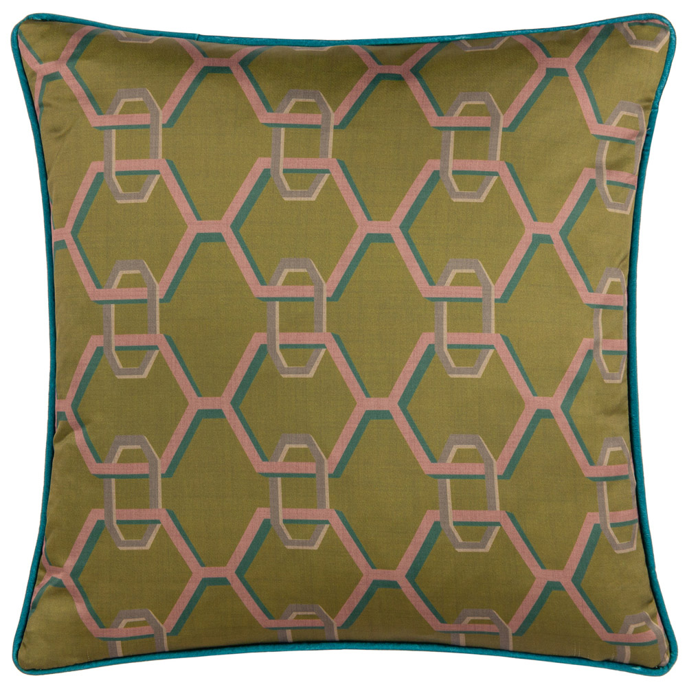 Paoletti Carnaby Olive Geometric Chain Satin Cushion Image 1
