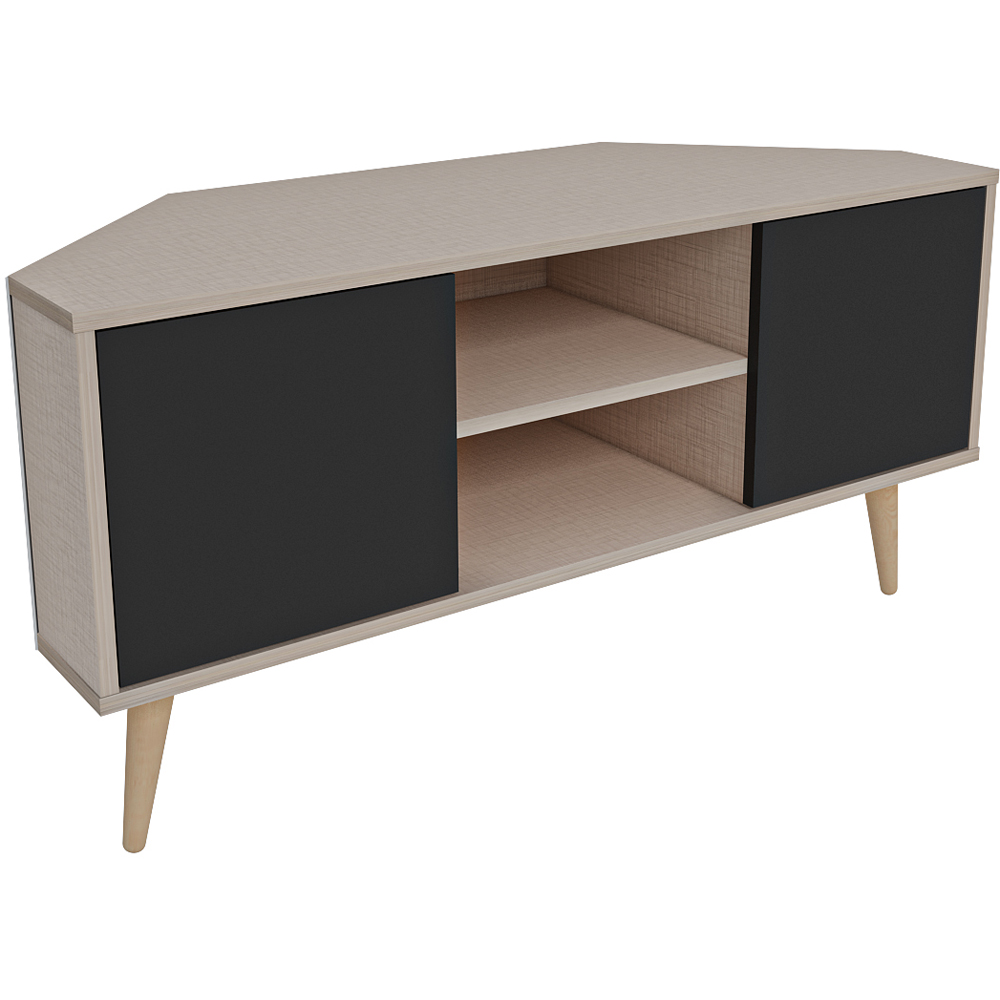 Decorotika Lesson 2 Door 2 Shelf Beige and Black Corner TV Stand Image 2