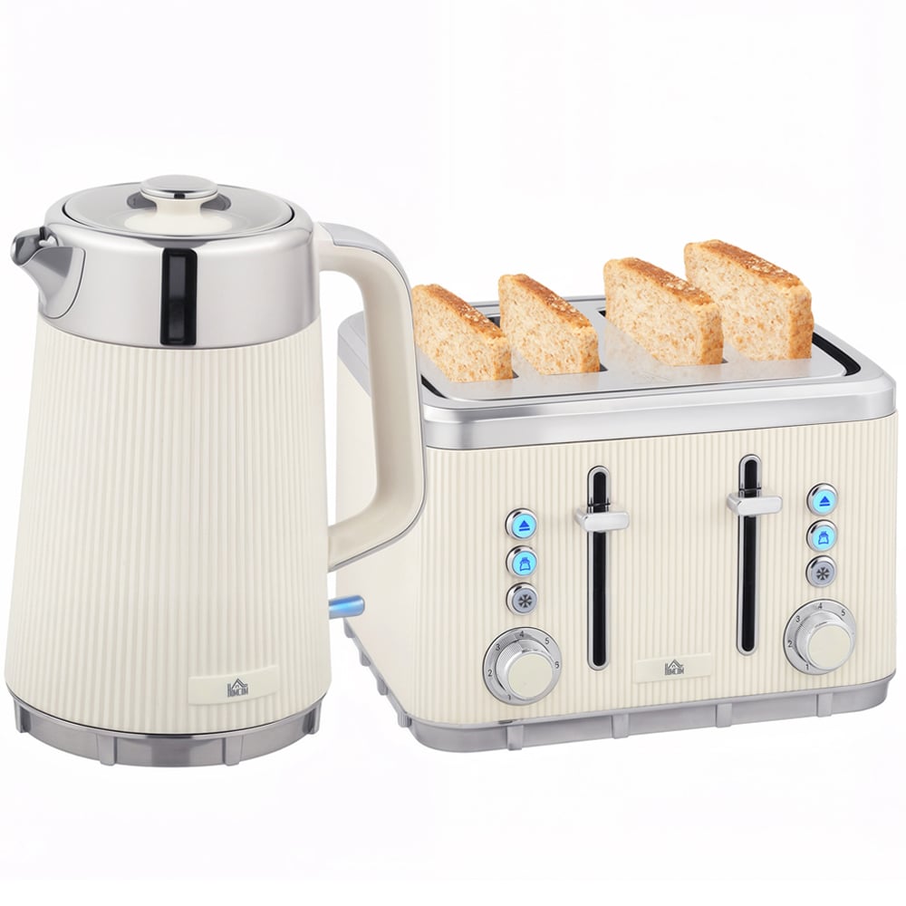 HOMCOM 800-266V70CW Cream 1.7L Rapid Boil Kettle 3000W and 4 Slice Toaster Set Image 1