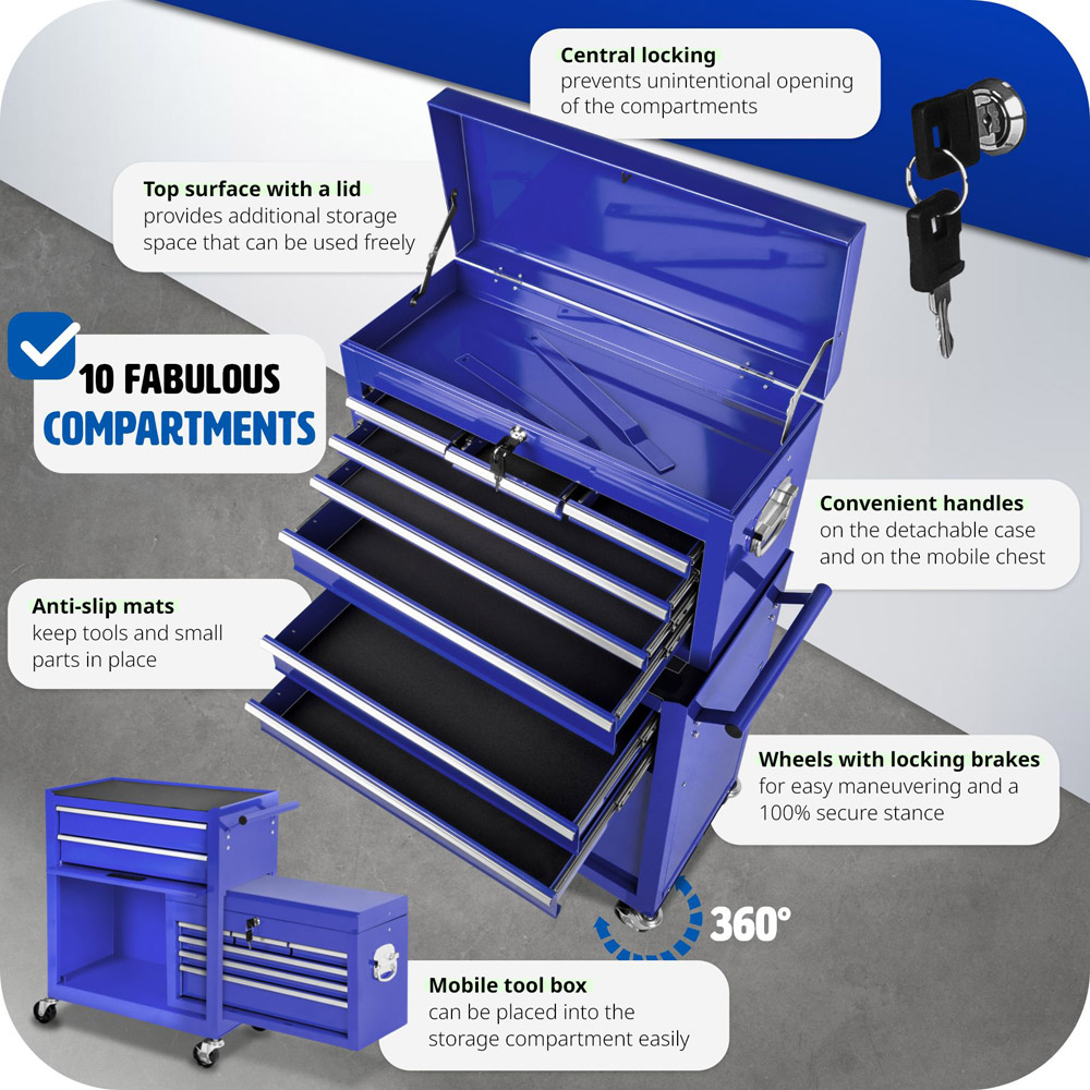 tectake 8 Drawer Blue Tool Chest of Drawers with Wheels Image 3