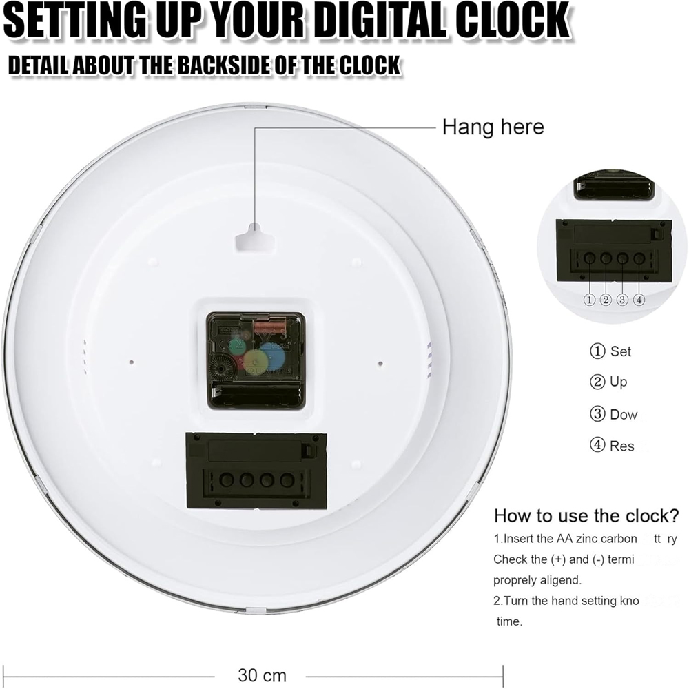 ATEK White Silver Silent Digital Wall Clock with Date Day and Temperature Display 30cm Image 6