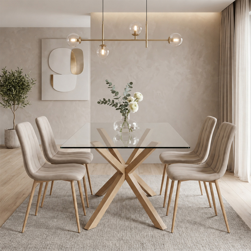 Kosy Koala 4 Seater Tempered Glass Velvet Dining Set Beige Image 1