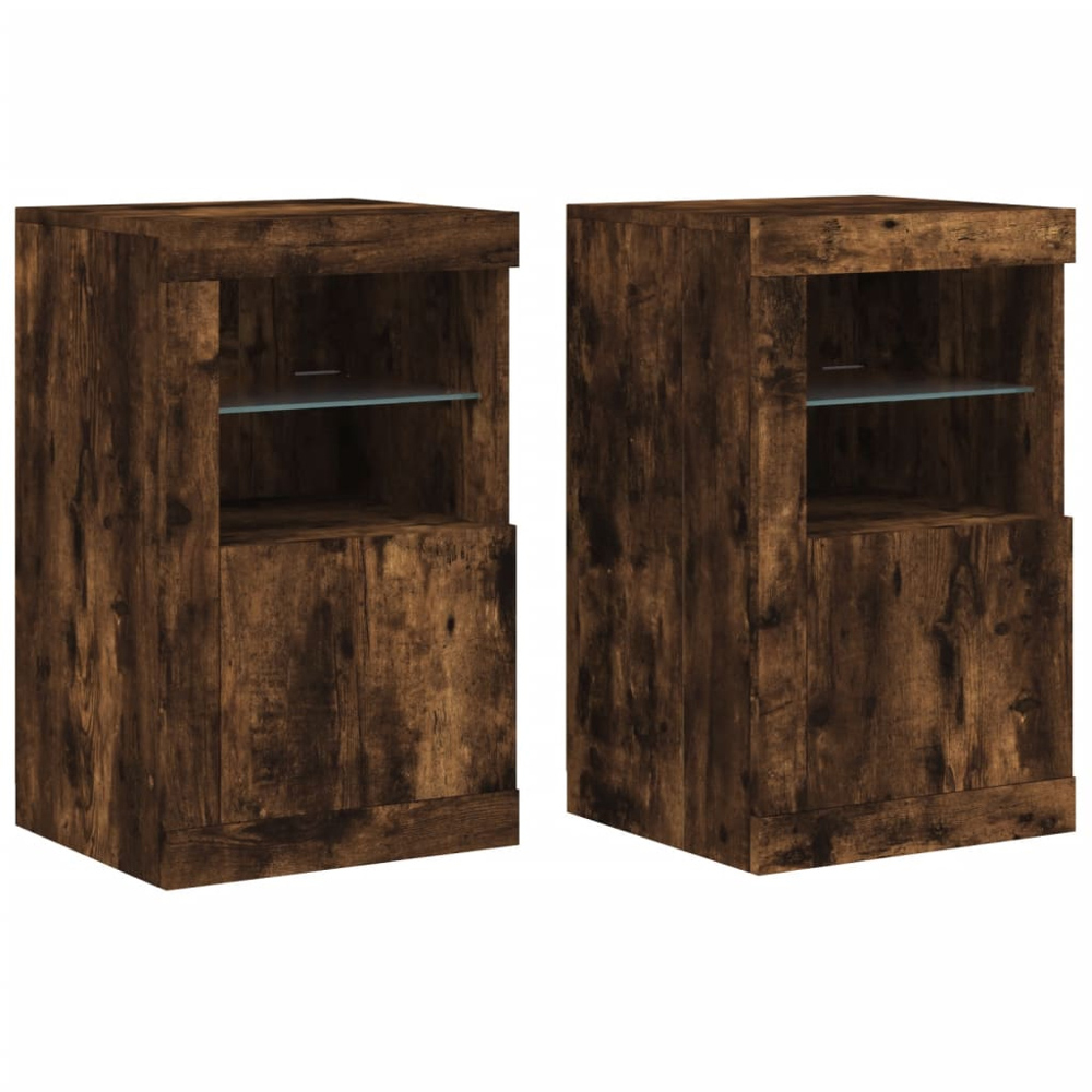 vidaXL 2 Shelf Single Door Smoked Oak Side Cabinet with LED Lights Set of 2 Image 2