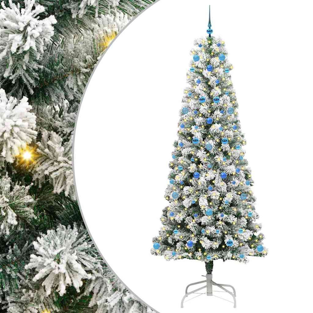 vidaXL Pre-Lit Warm White LED and Blue Baubles Snow Flocked Artificial Christmas Tree 8ft Image 2