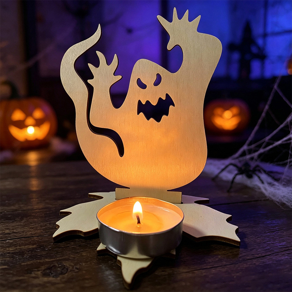 Lovii 2 Piece Wooden Ghost Cut-Out Silhouette Set with Tea Light Candle Halloween Decoration Image 2