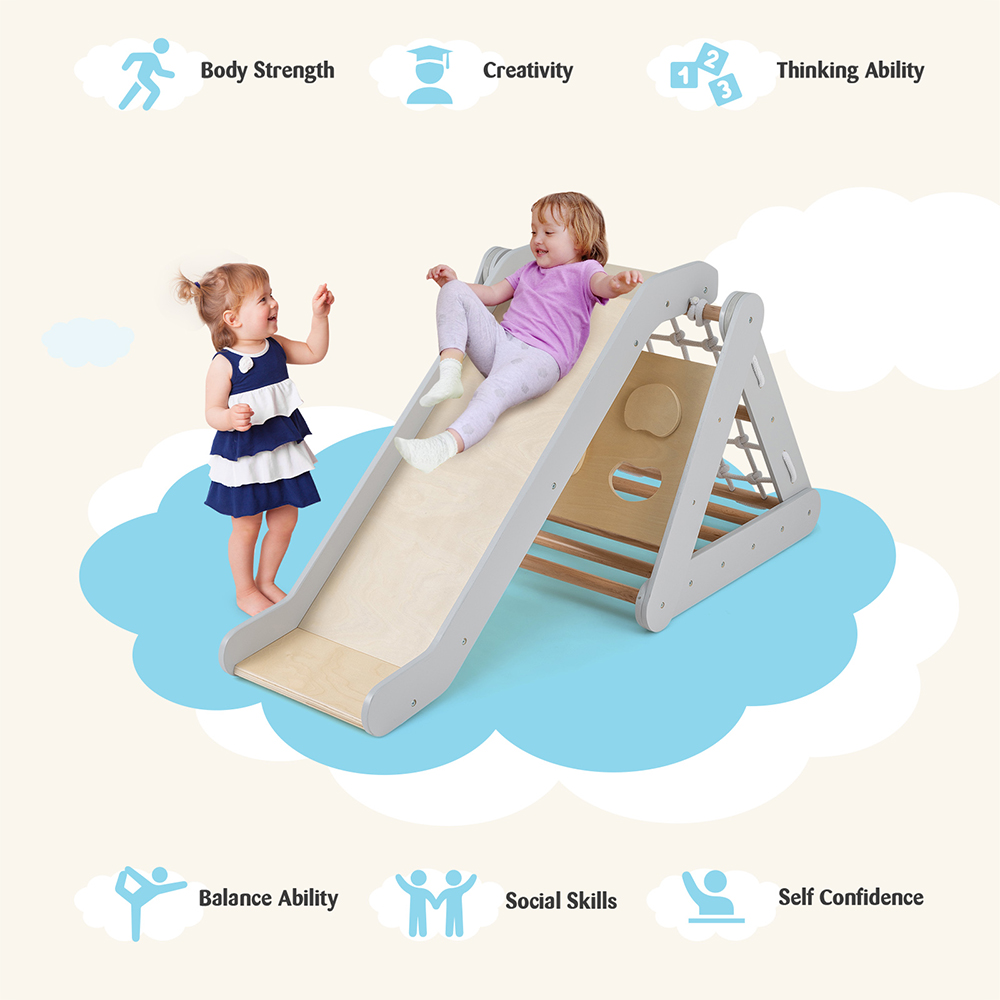 Costway 4 in 1 Grey Wooden Triangle Toddler Climber with Ramp Image 8
