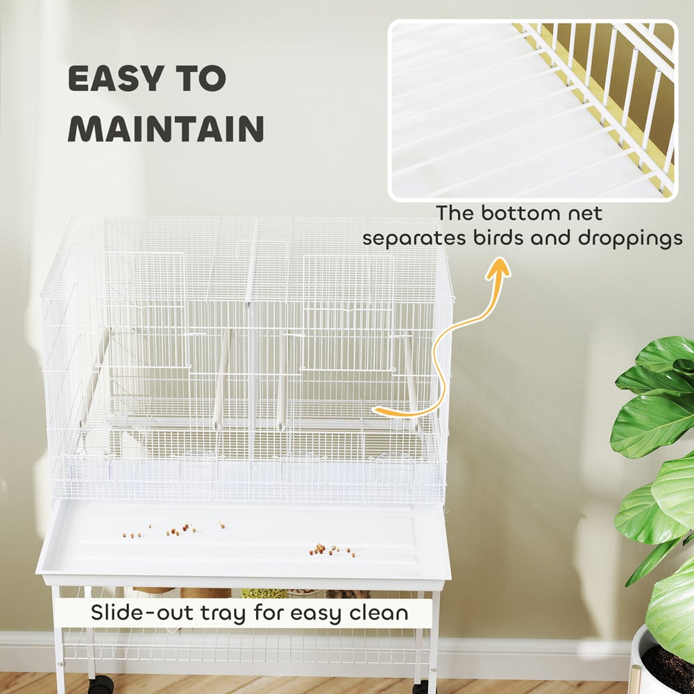 PawHut White 4 Wooden Perches Bird Cage with Divider and Tray Image 7