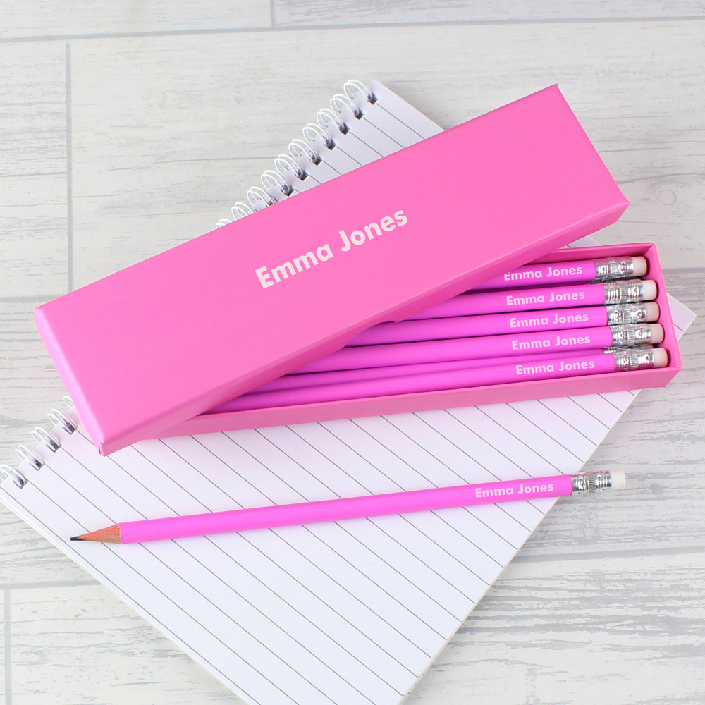 Personalised Memento Name Only Box and 12 Pink HB Pencils Image 3