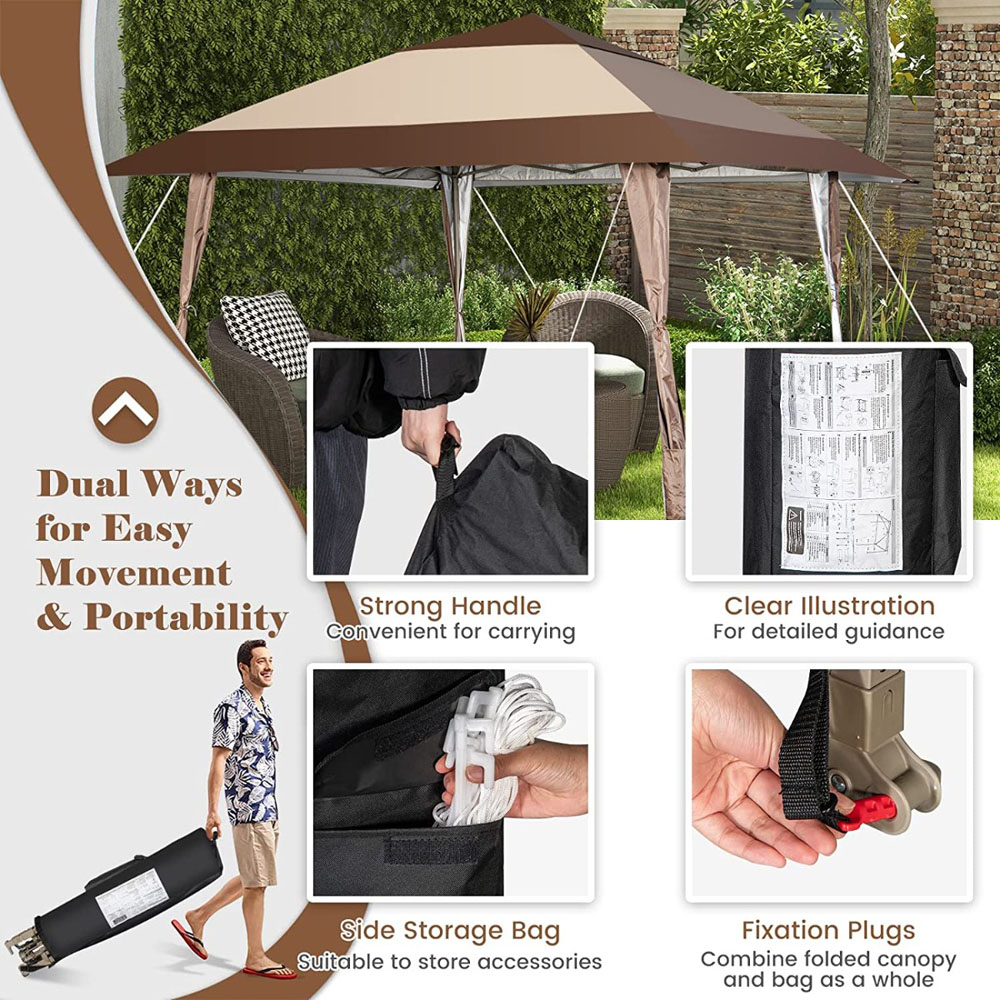 Costway 4 x 4m Brown Pop Up Rolling Gazebo with Wheels Image 8