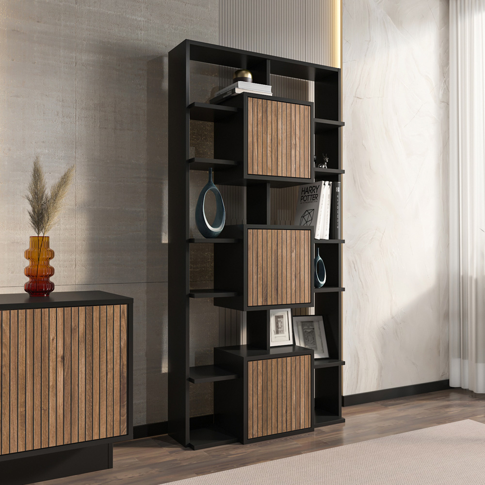 Decorotika Monaco 3 Door 12 Shelf Black Alina Bookcase Image 4