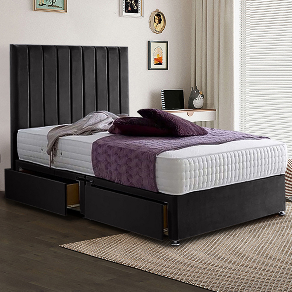 Eleganza Home Sleepytime Double Black Plush Velvet 2 Drawer Divan Bed with Headboard Image 1