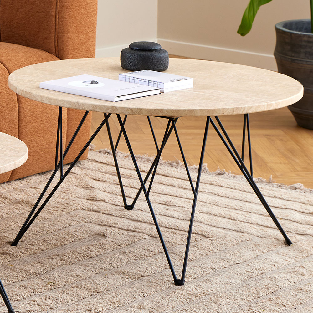 Florence Prunus Matt Beige Round Coffee Table with Black Steel Base Image 1