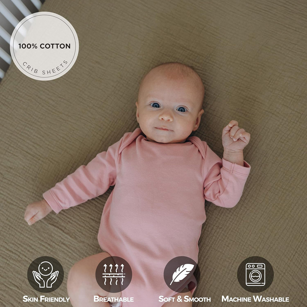 MHG Living Olive and Ecru Cotton Muslin Fitted Cot Bed Sheet 120 x 60cm 2 Pack Image 4