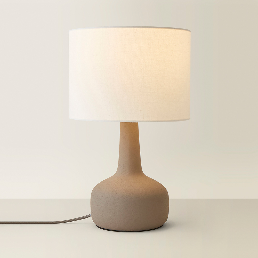 ValueLights Hayley Natural Linen Drum Shade Grey Squat Base Ceramic LED Table Lamp Image 5